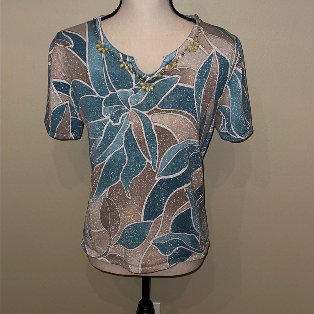 Vintage Beaded Floral Blue and Tan Women's Top